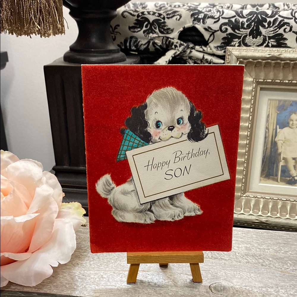 Vintage 1957 Hallmark Happy Birthday Son Velvet Dog Greeting Card!